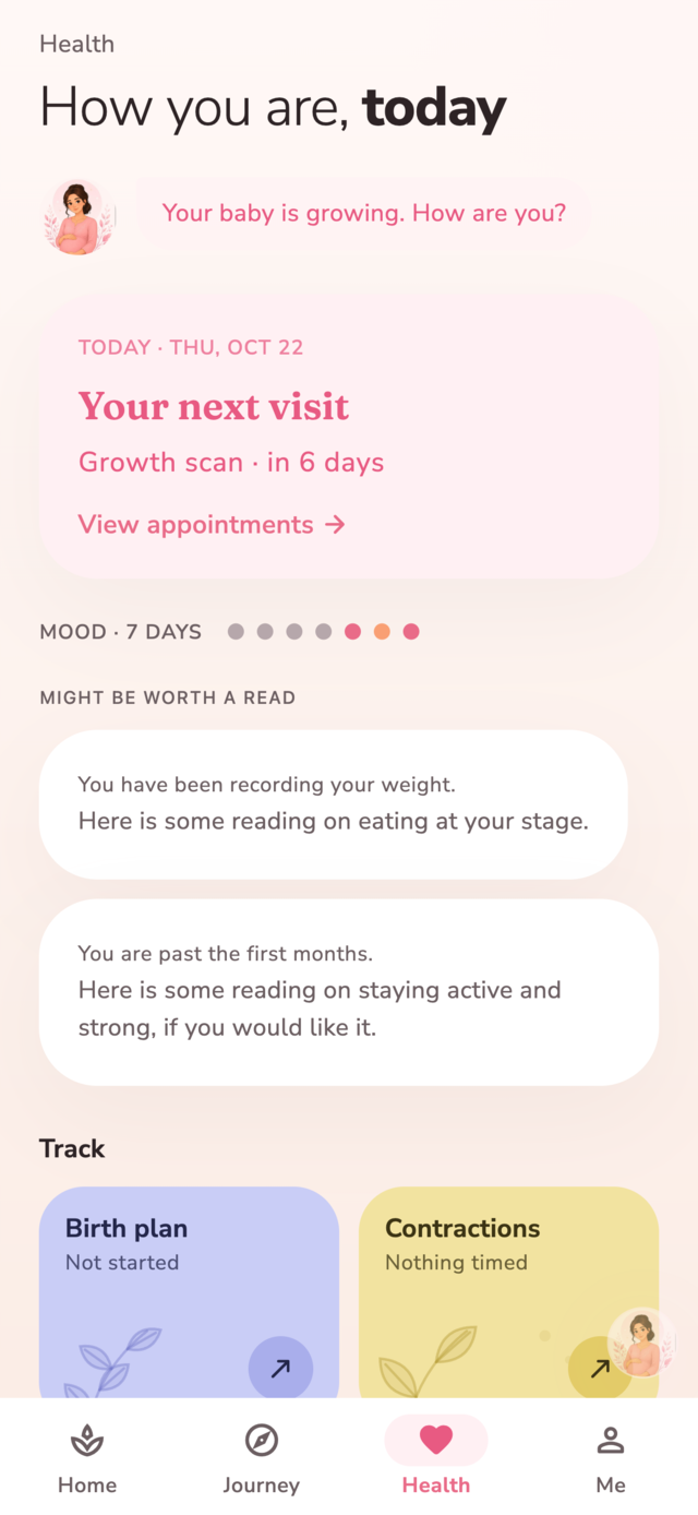 Lunelle's health screen showing the next visit